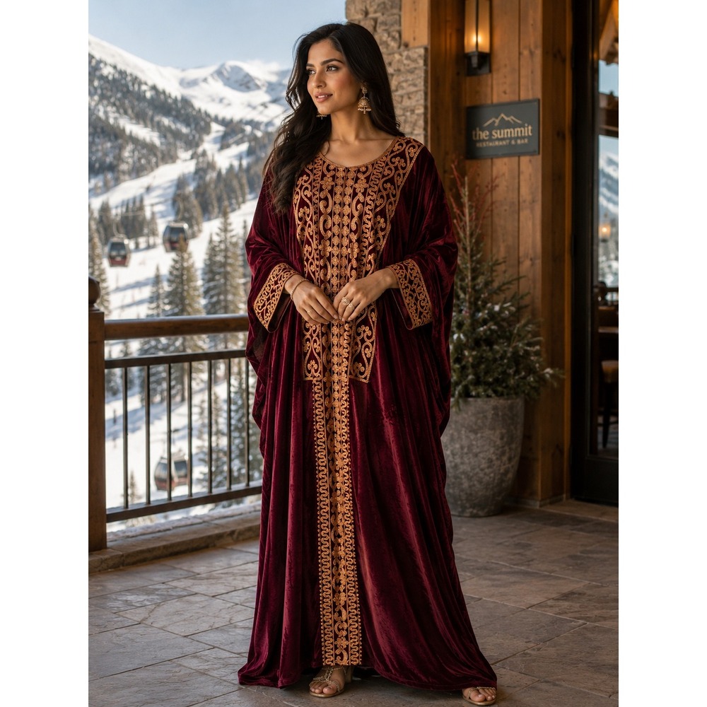 Ayesha Long Velvet Embroidered Kaftan Dress Robe Size L Moroccan Middle Eastern